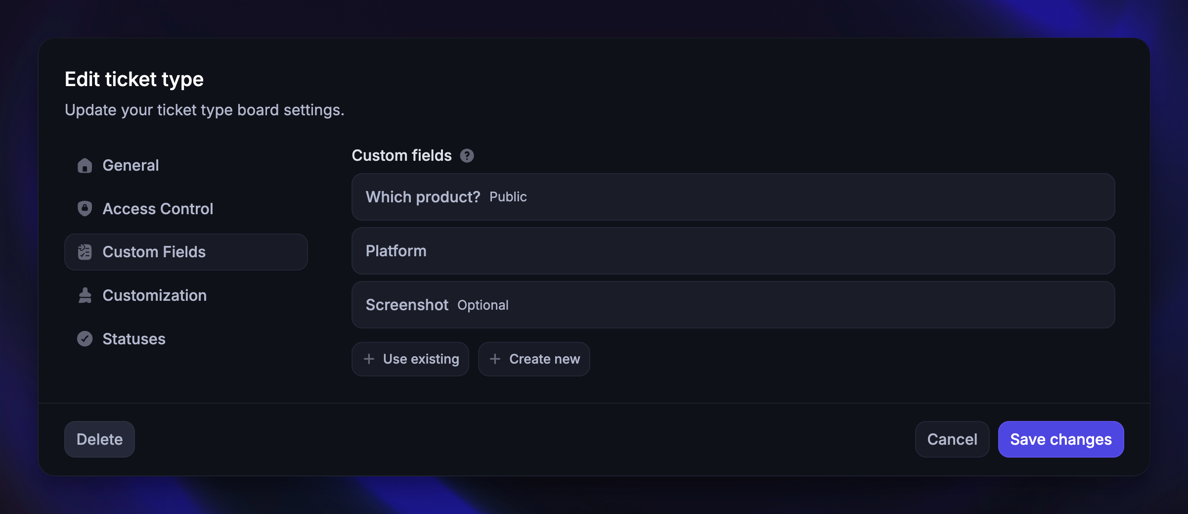 Configuring ticket type's custom fields.