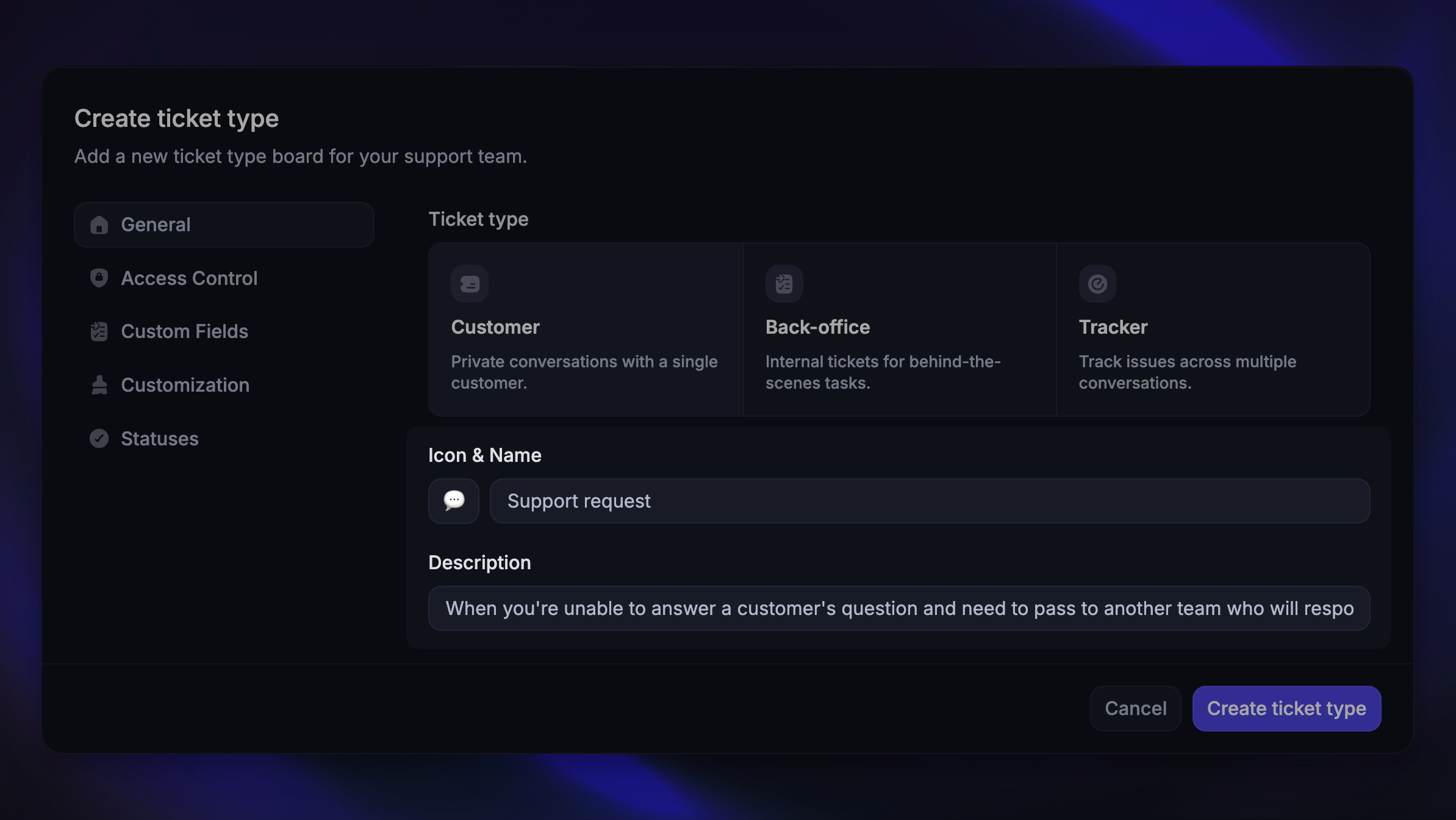 Setting ticket type's icon, name, and description.