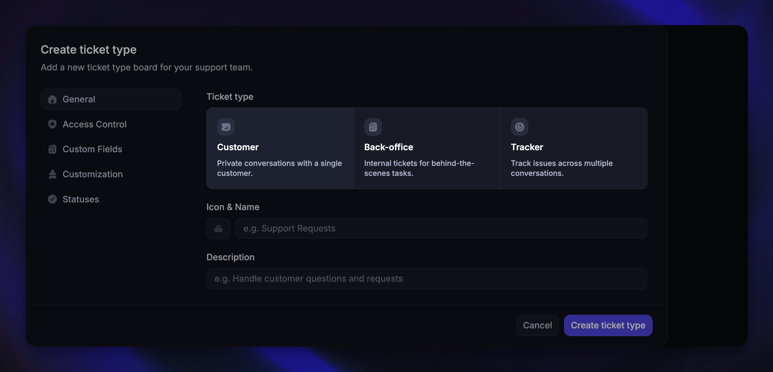Choosing the ticket type: customer, back-office, tracker.