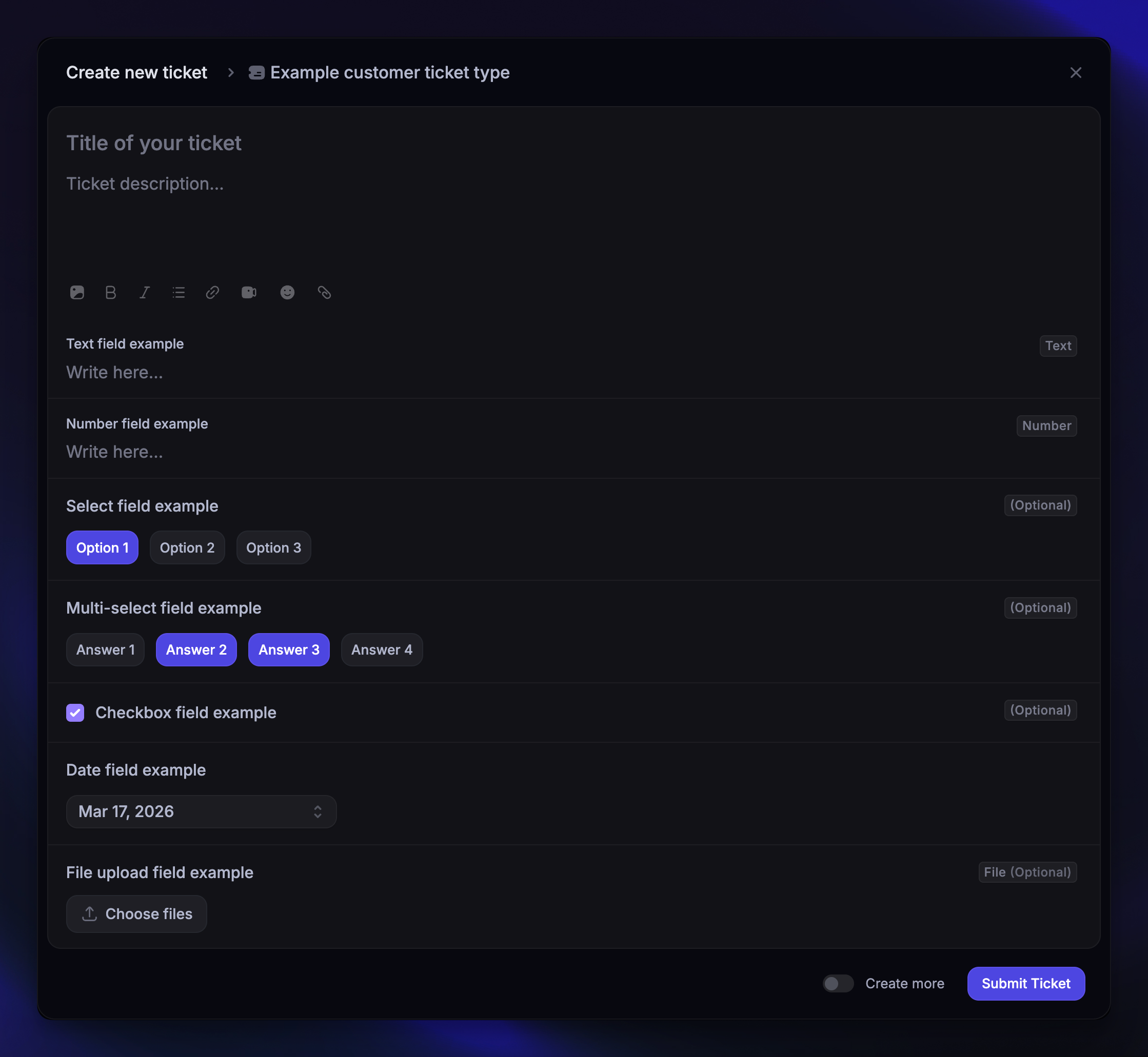 Custom field examples in tickets.