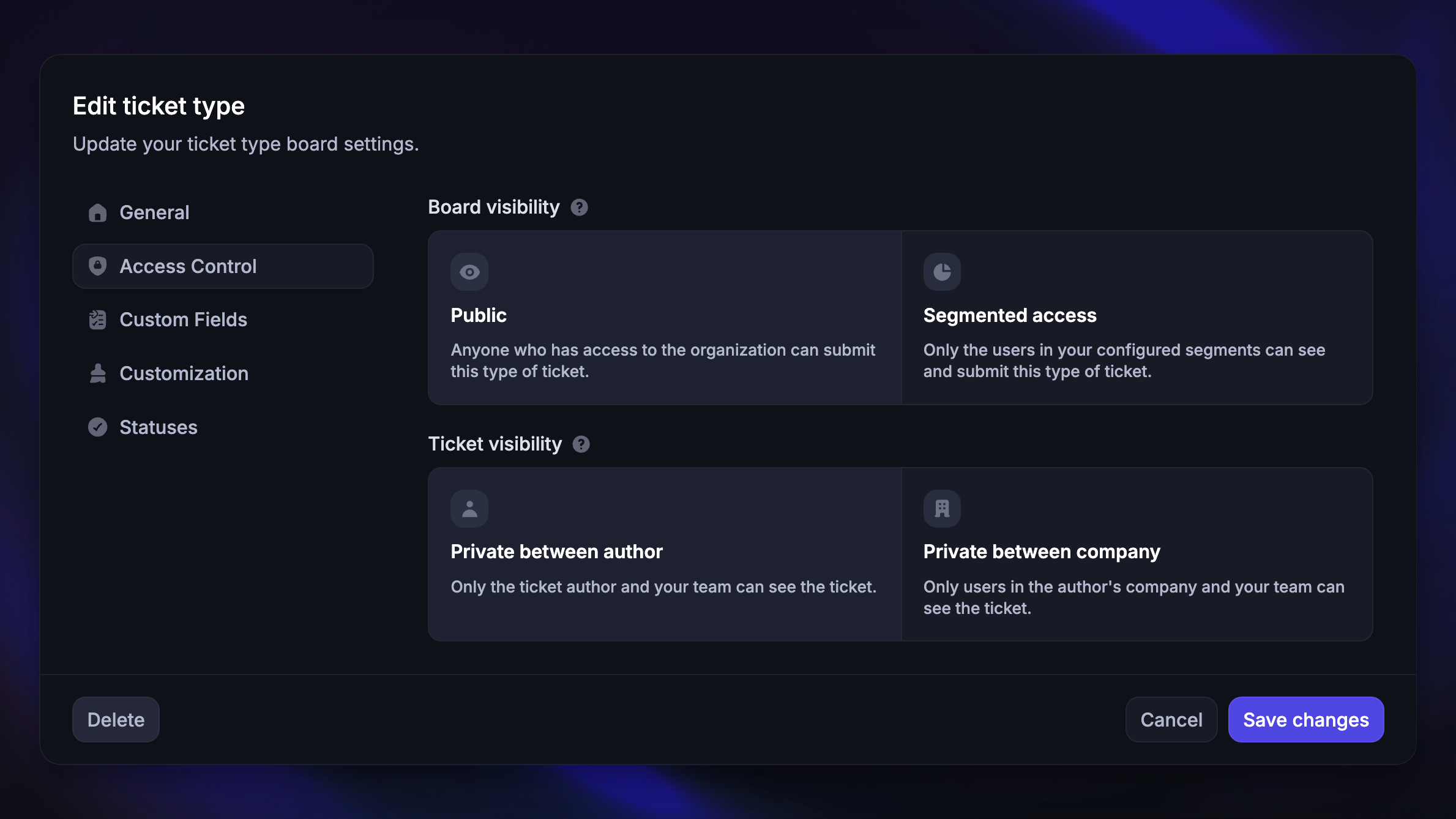 Ticket types access control settings.
