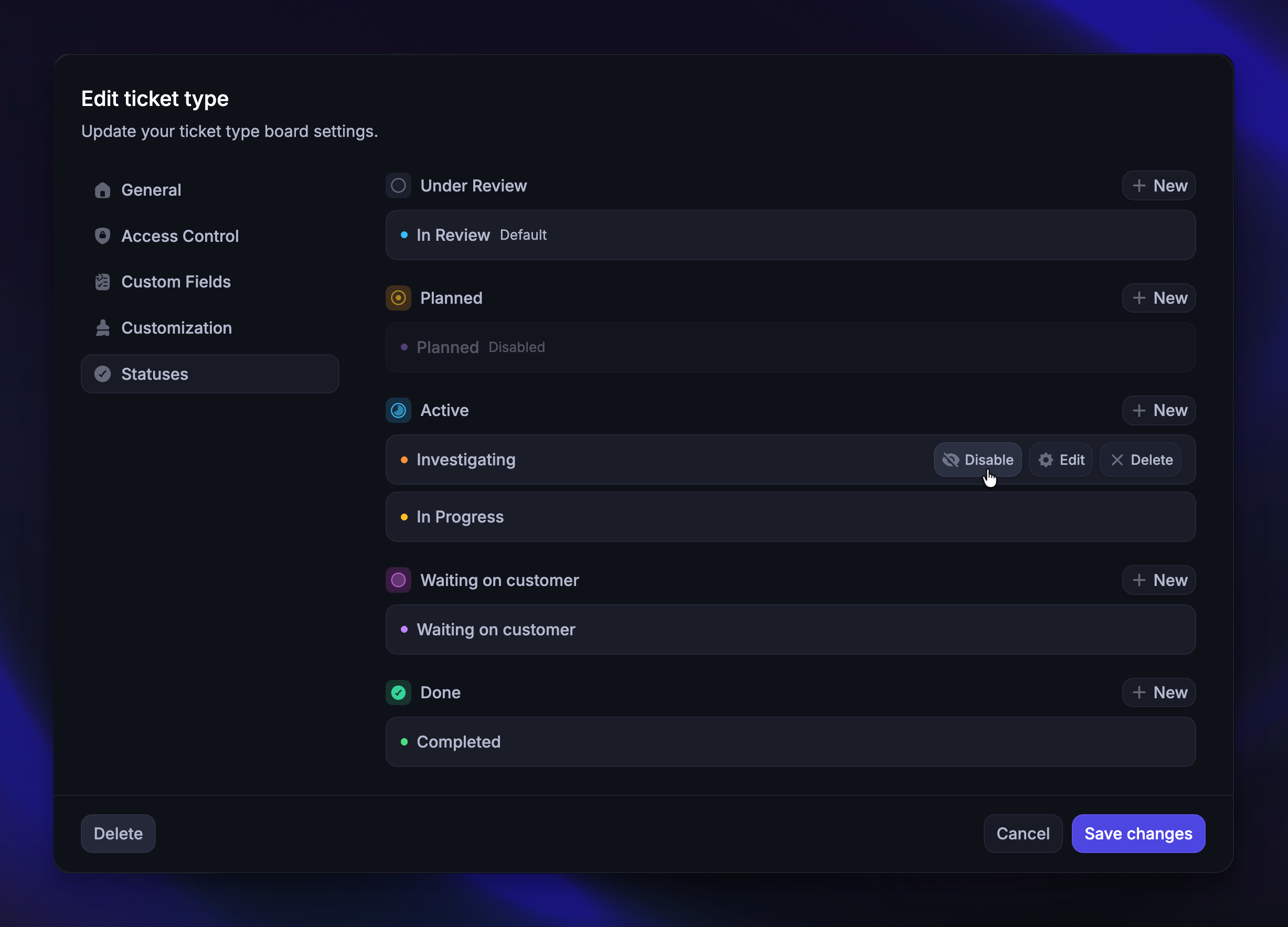 Customizing ticket type's statuses individually.