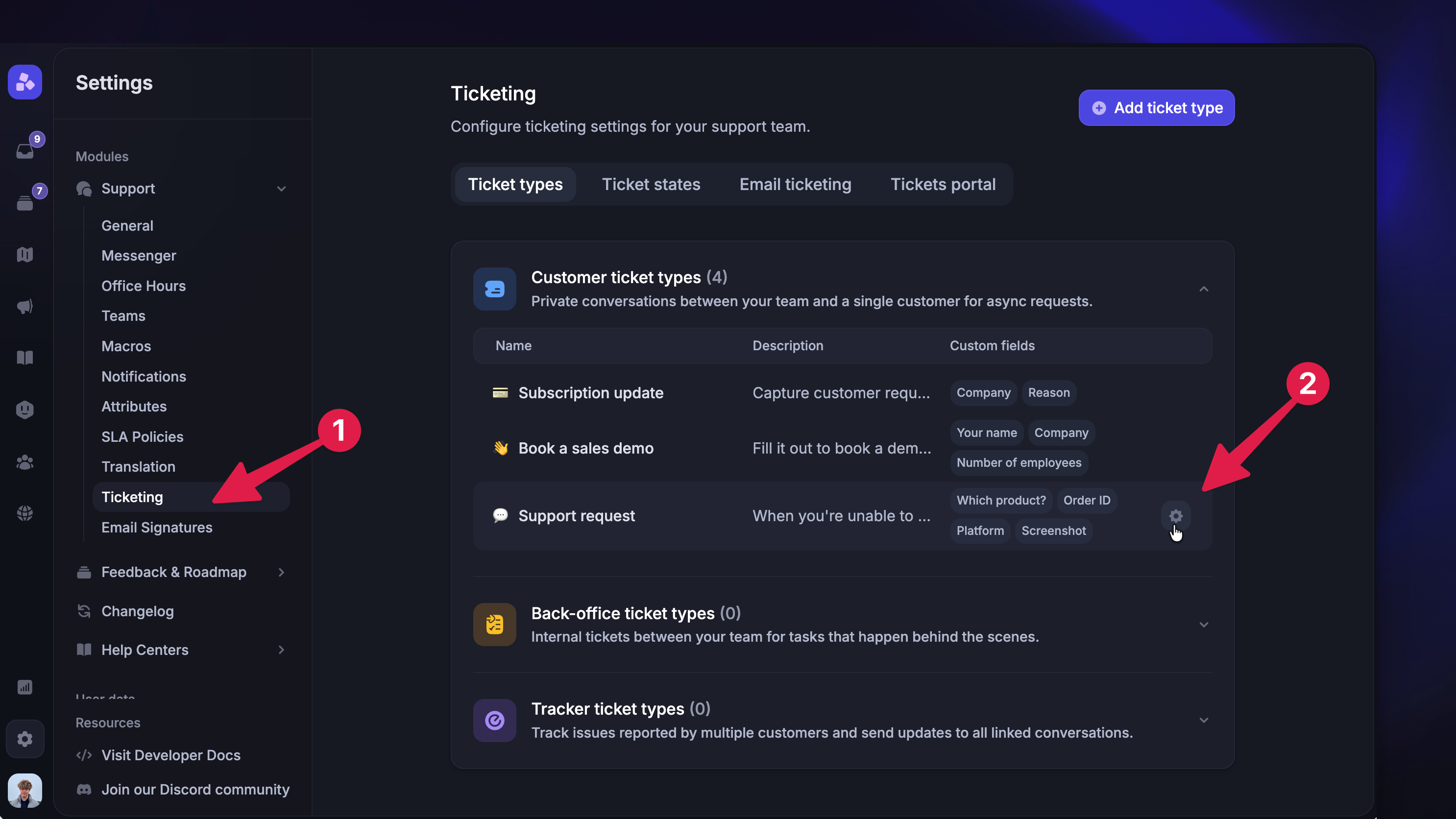 Editing or deleting existing ticket types.