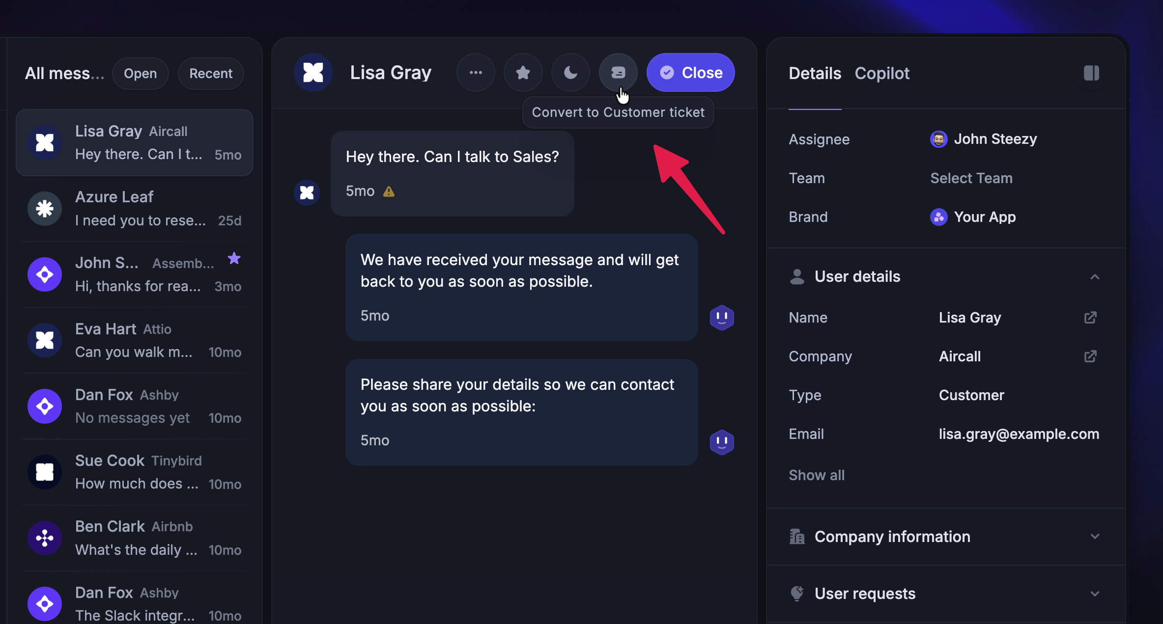 Converting customer conversations to tickets.