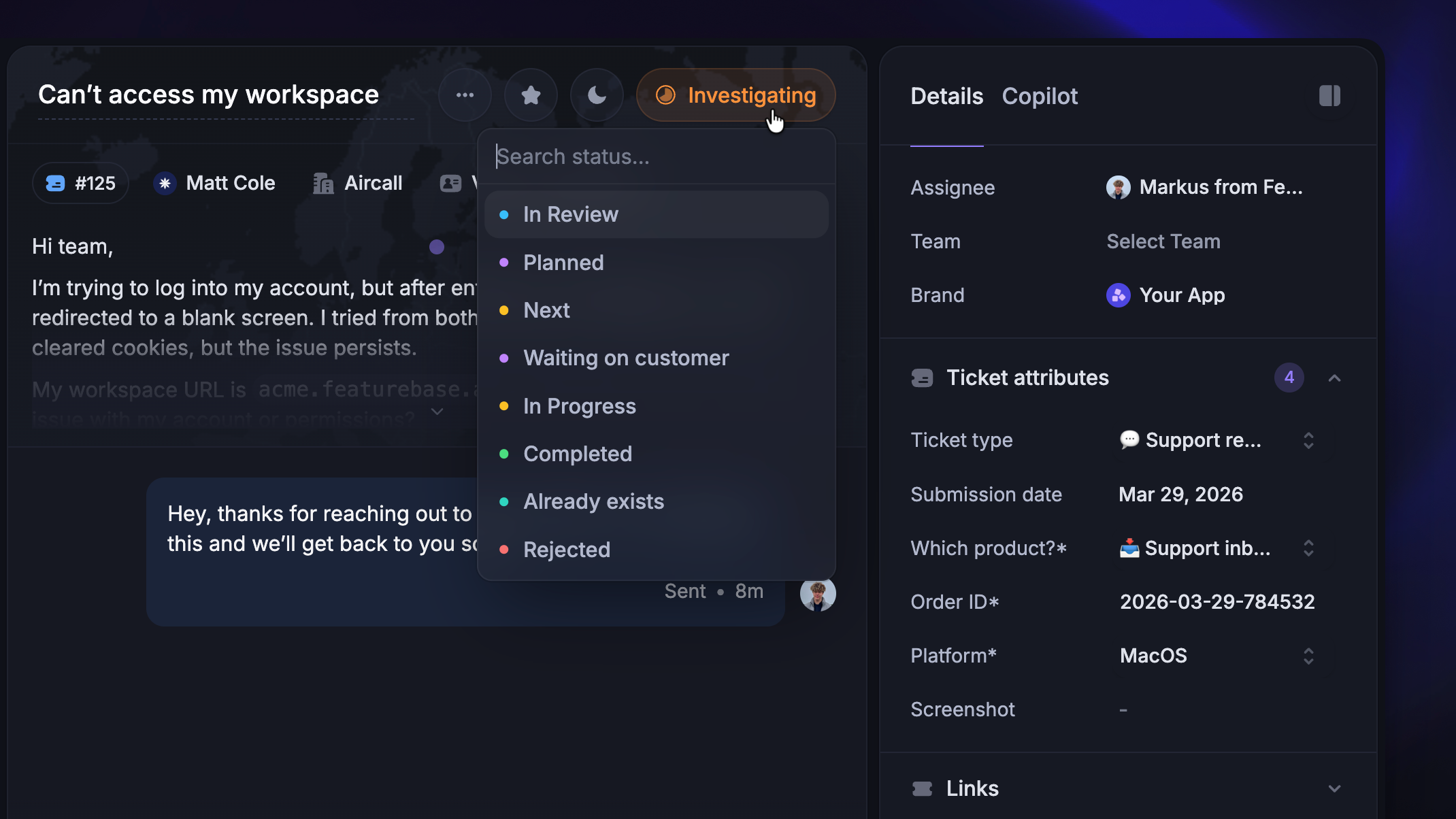 Changing a ticket's status in the Inbox.