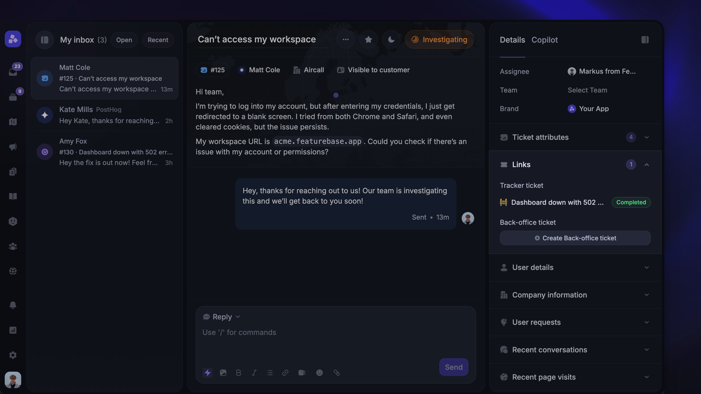 Linking customer tickets to Tracker and Back-office tickets.