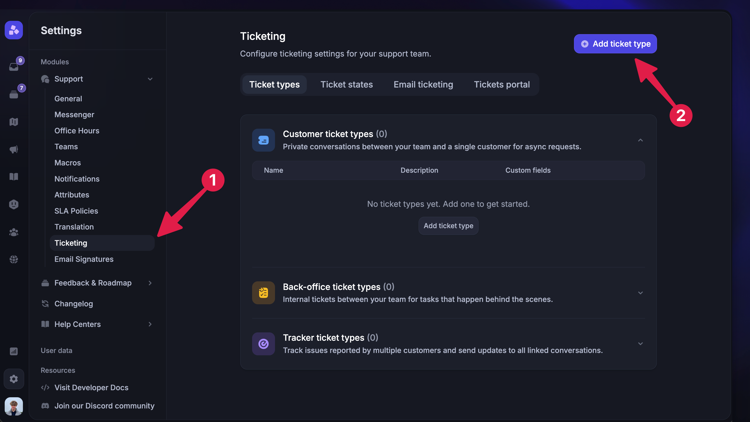 Setting up ticket types from settings.