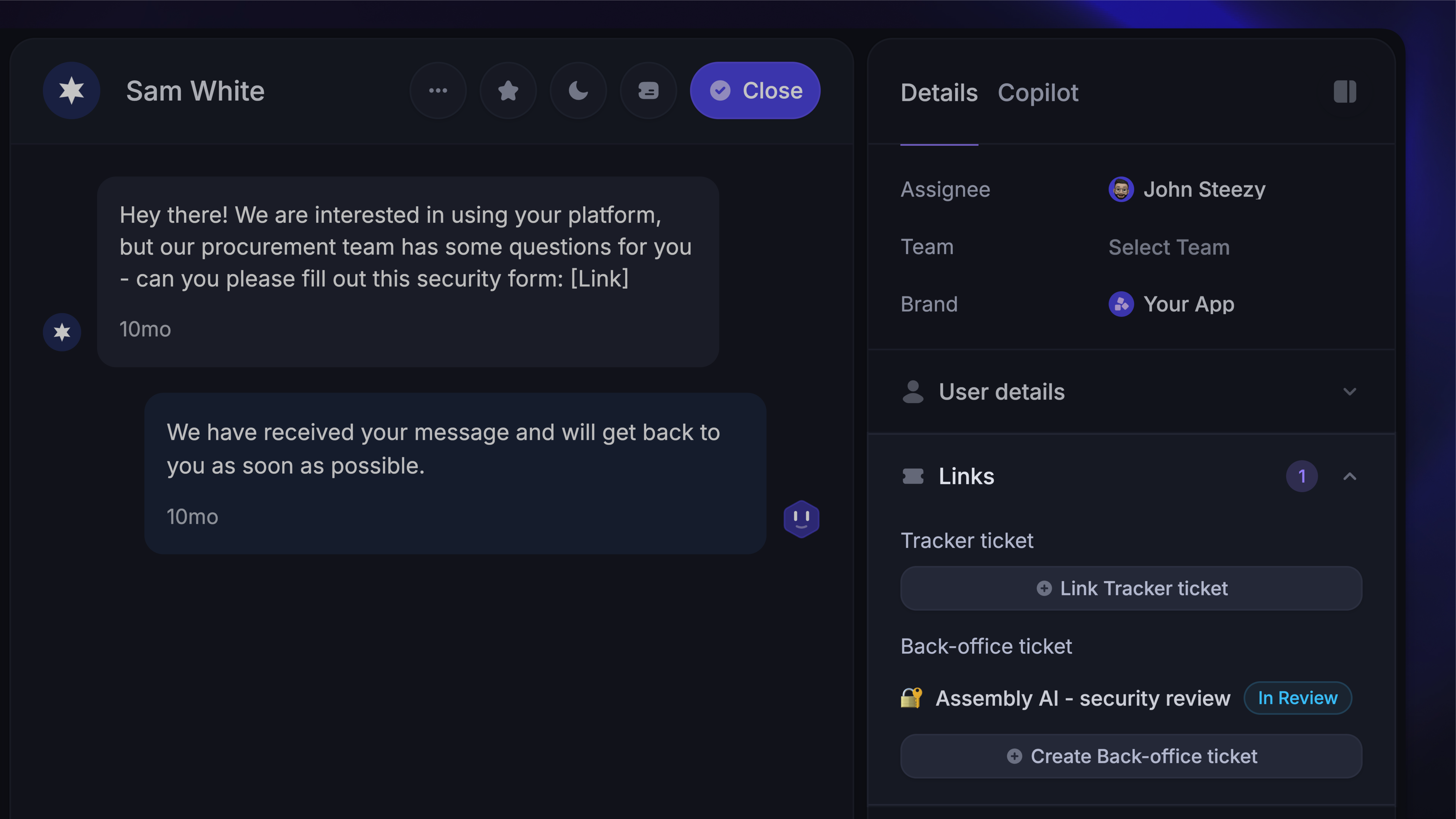 Creating back-office tickets in conversations.