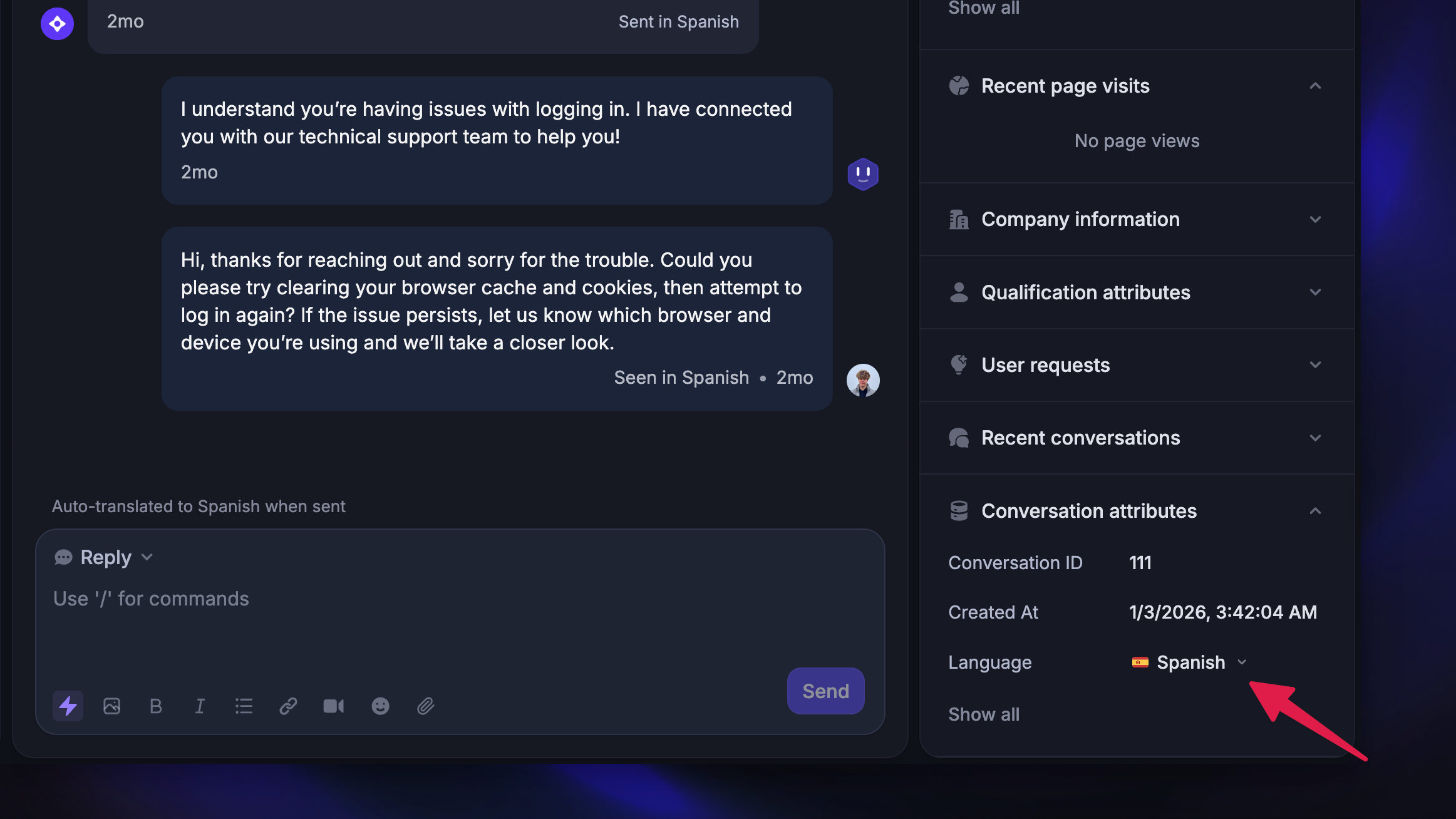 Automatic language detection in conversations.
