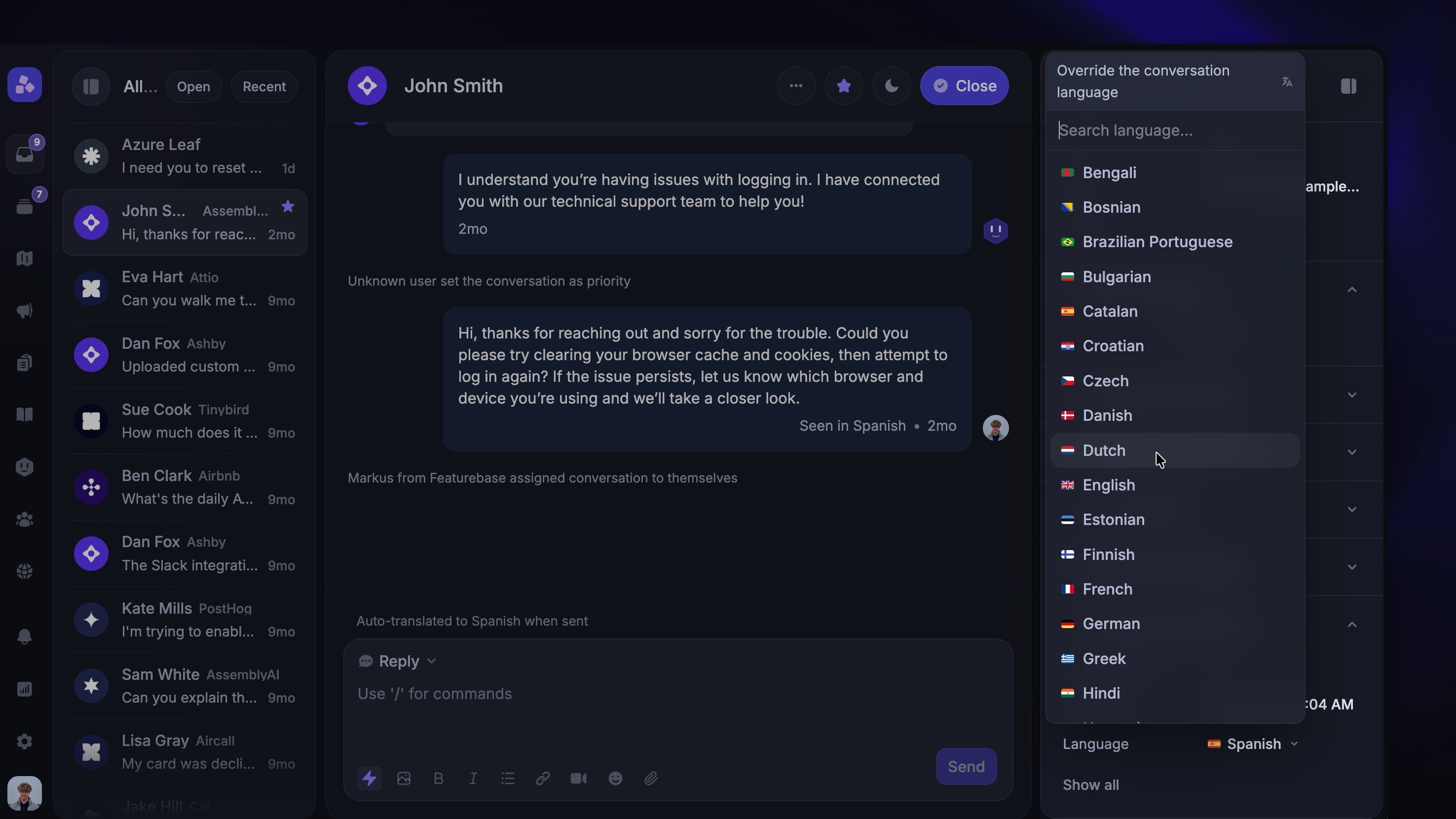 Manually overriding a conversations language from the inbox sidebar.