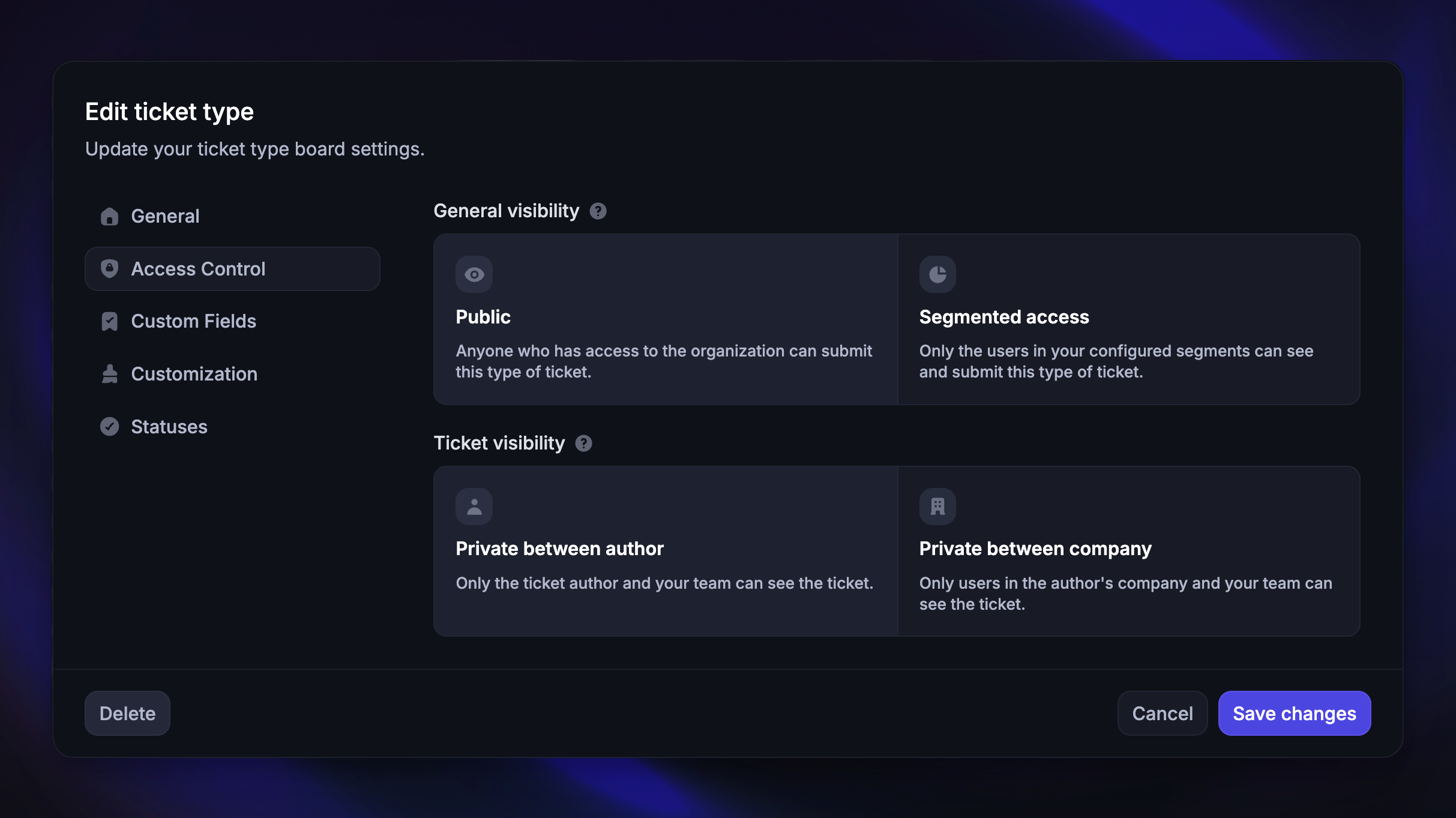 Access Control settings of a Customer ticket type, with the General visibility and Ticket visibility options.
