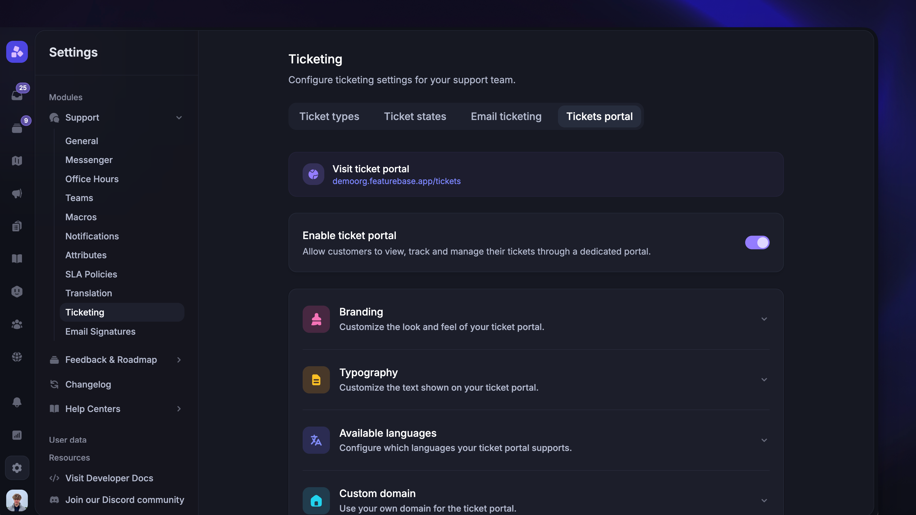 Ticket portal settings.