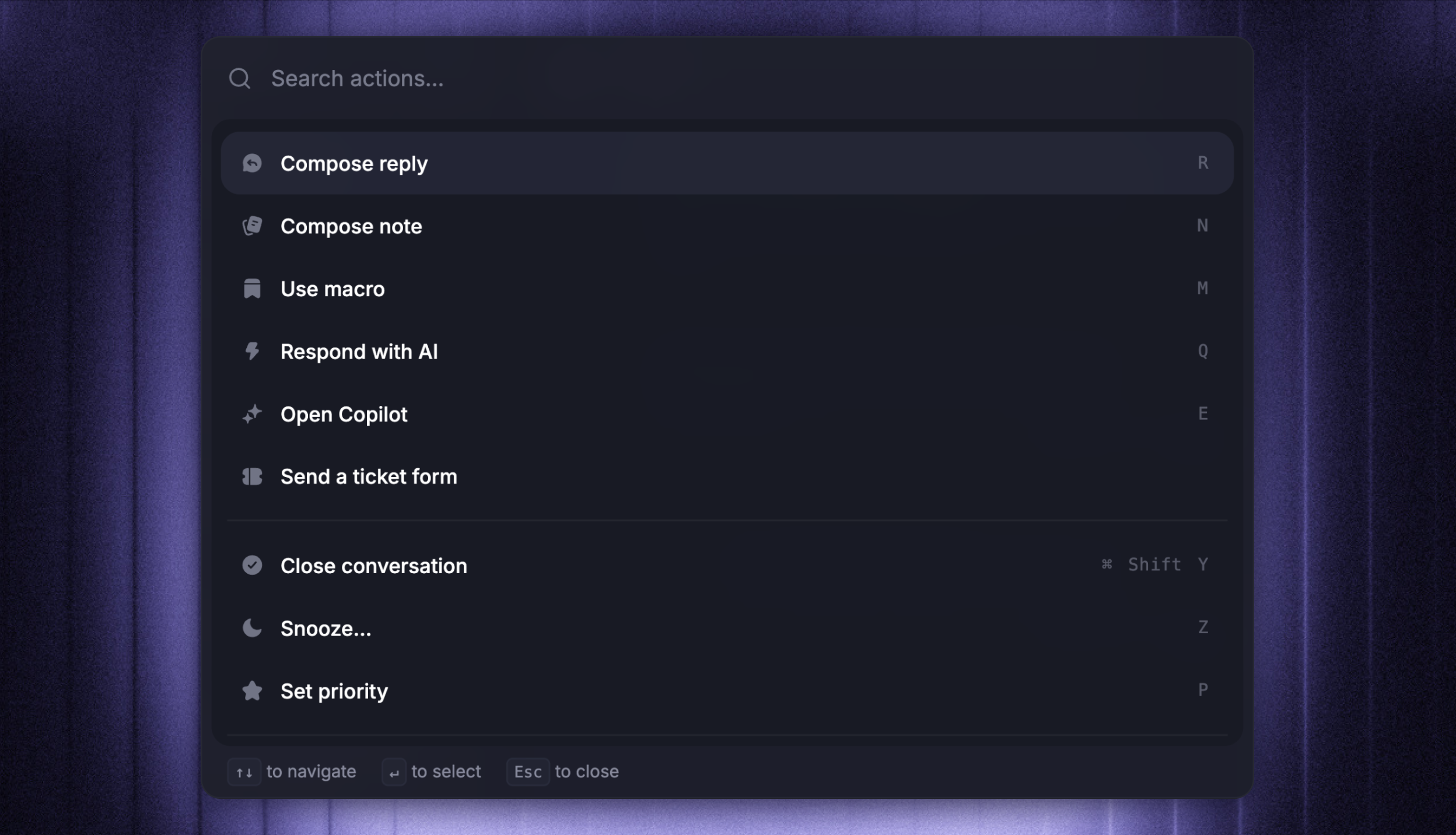 CMD K action palette in the inbox.