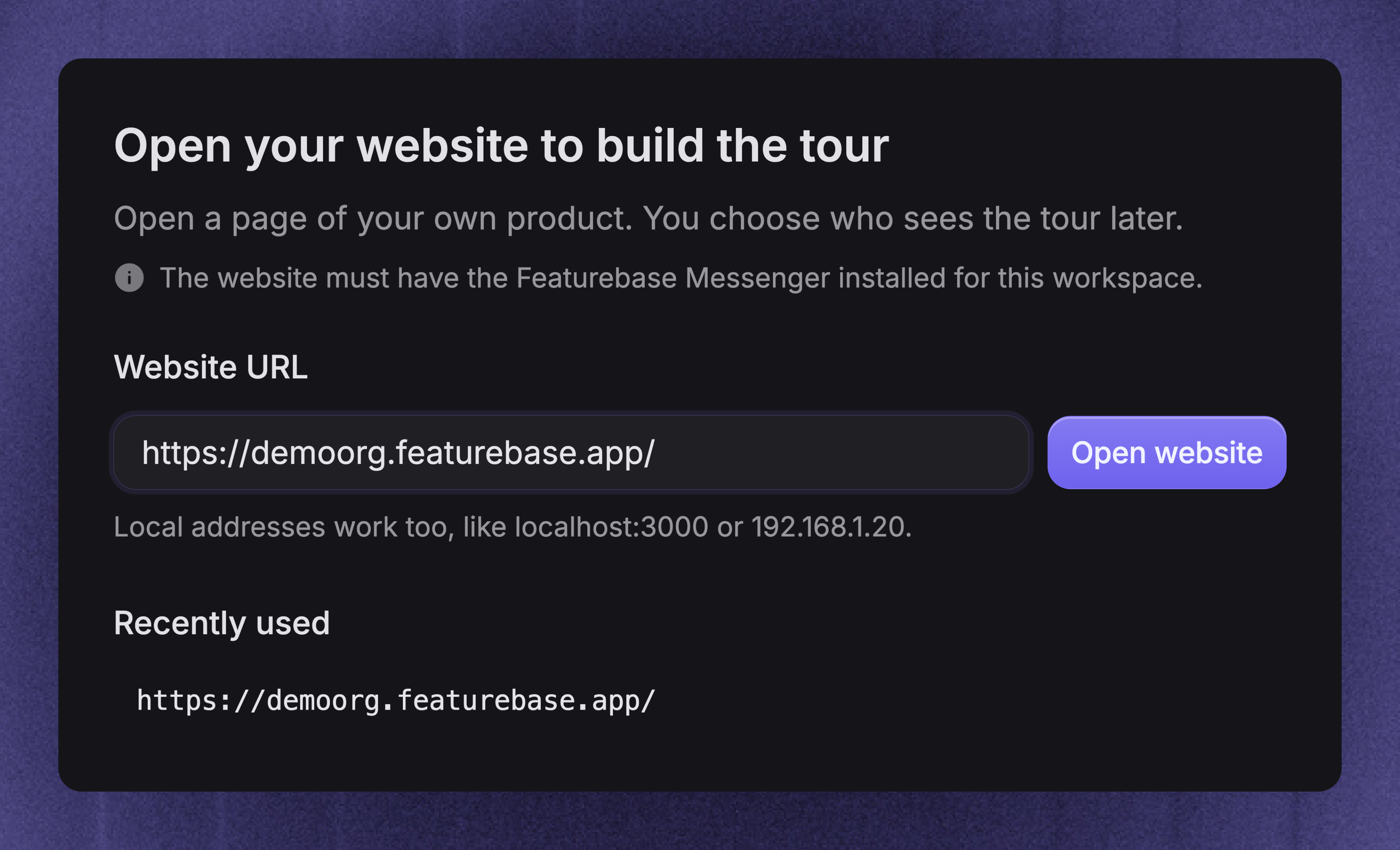 Enter the website URL to open the Product Tour builder
