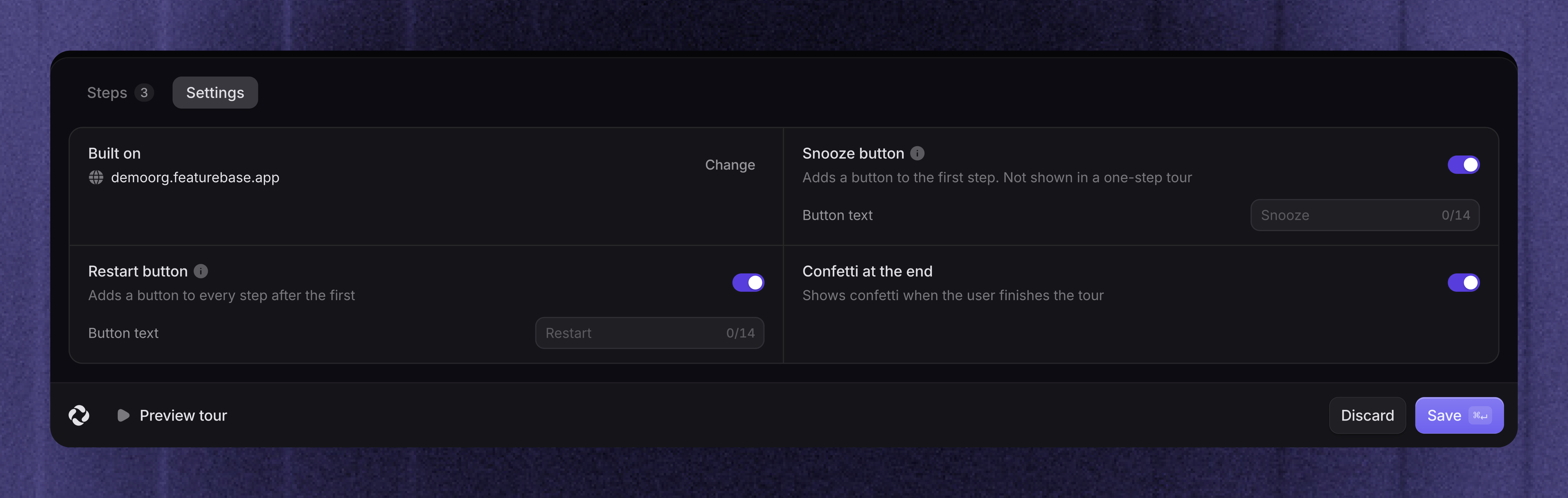 Product Tour settings for snoozing, restarting, and confetti