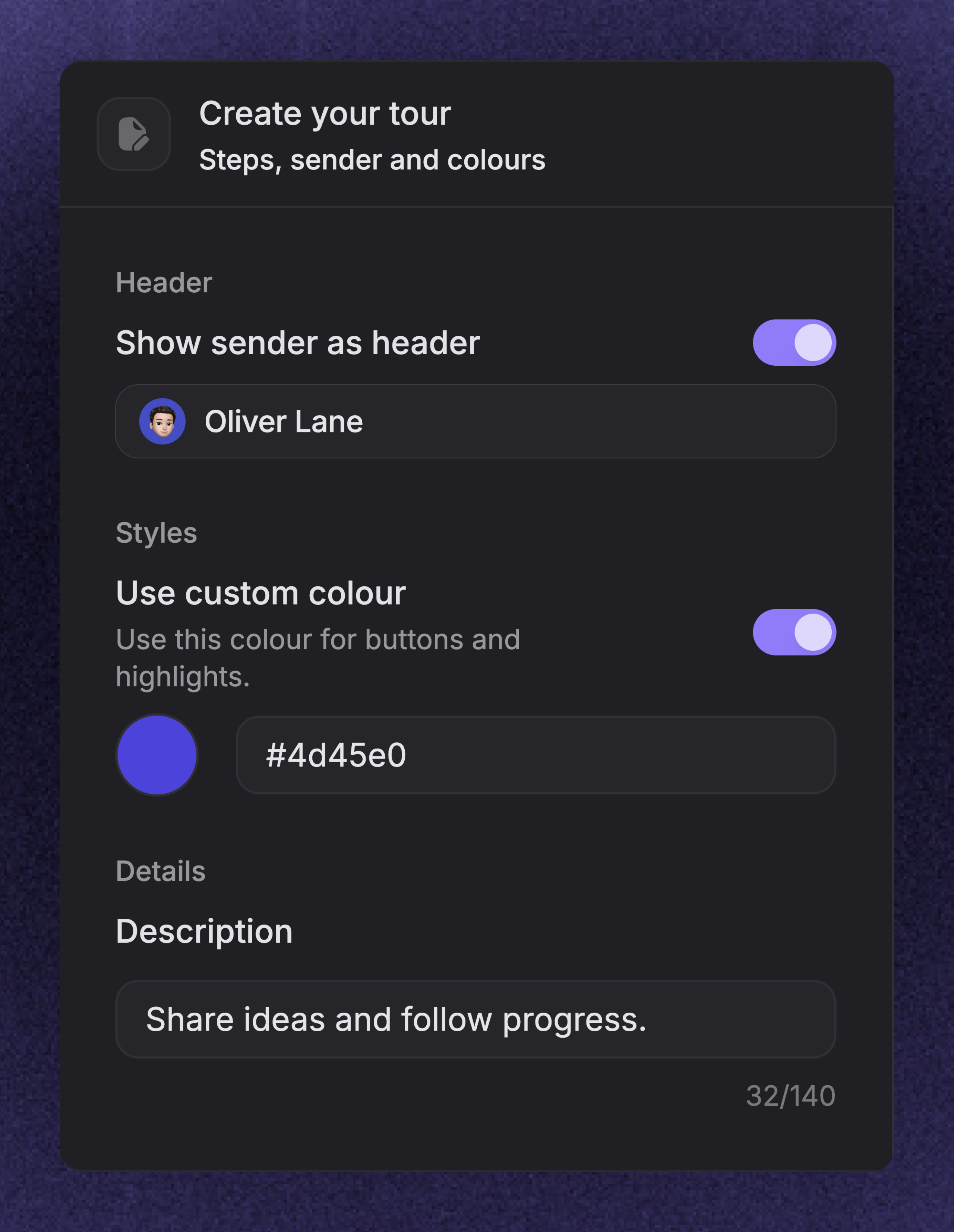 Configure the Product Tour sender, color, and description