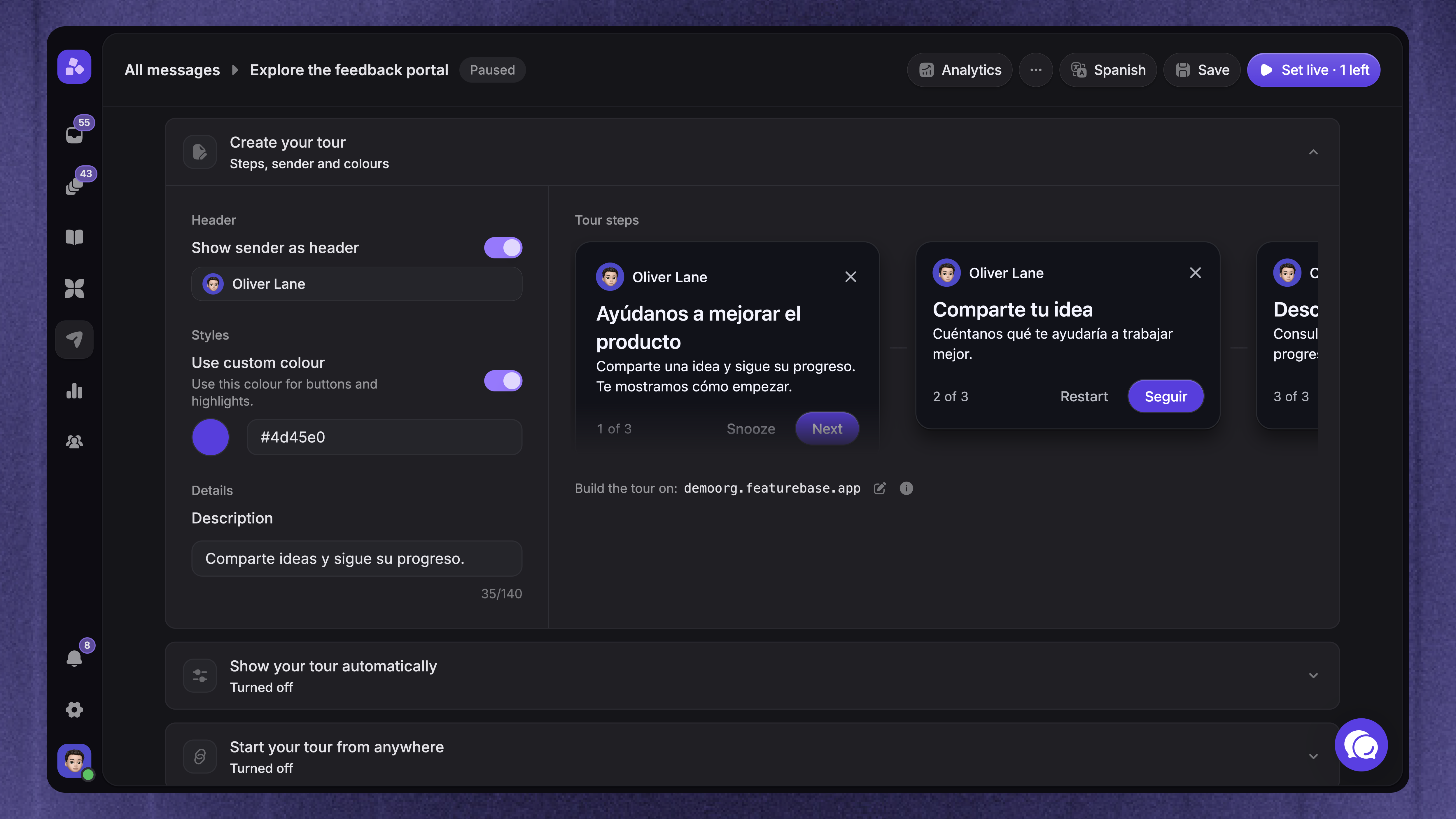 A translated Product Tour in the builder
