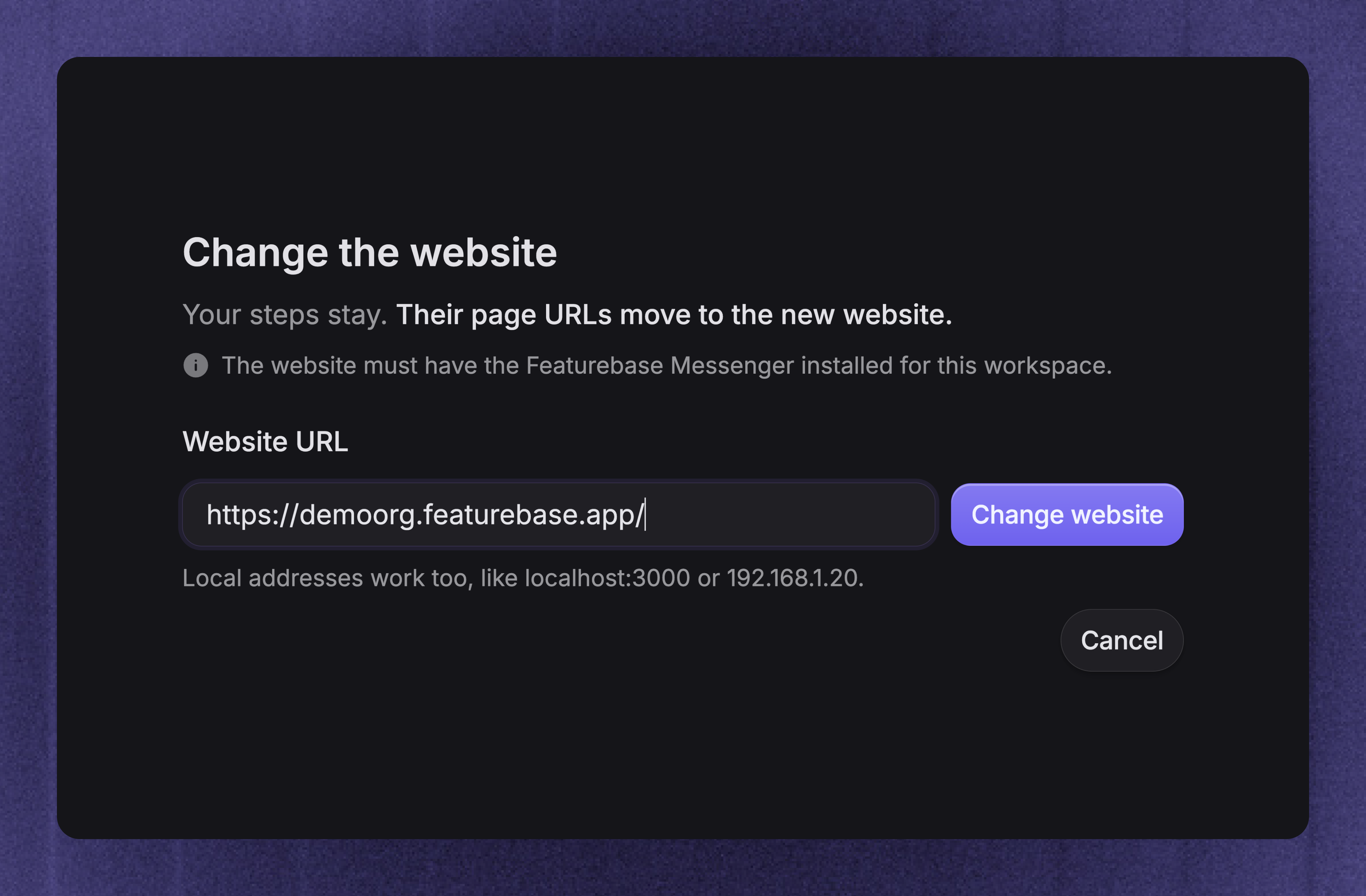 Change the website used to build the Product Tour