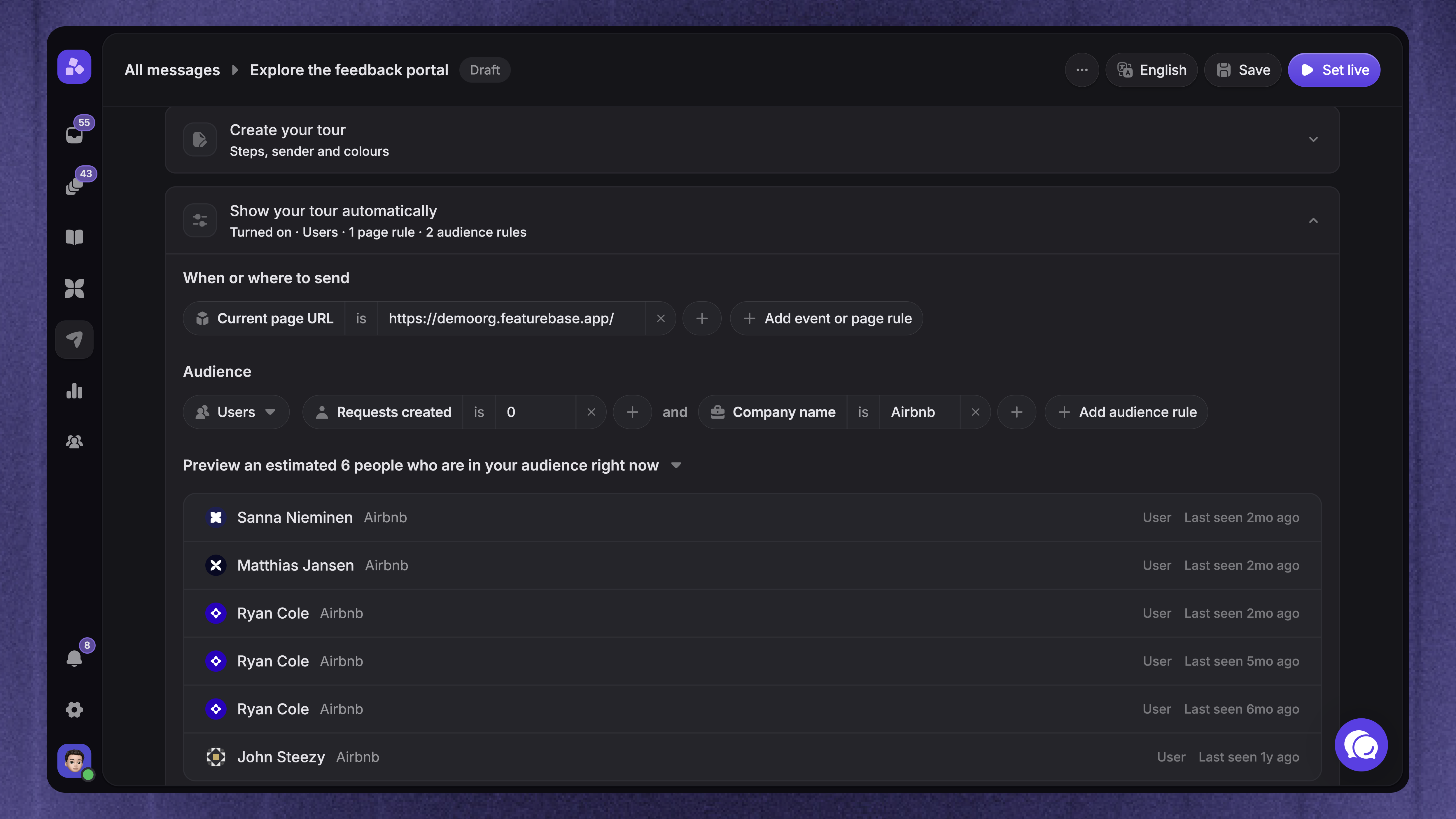 Preview the customers who match the Product Tour audience