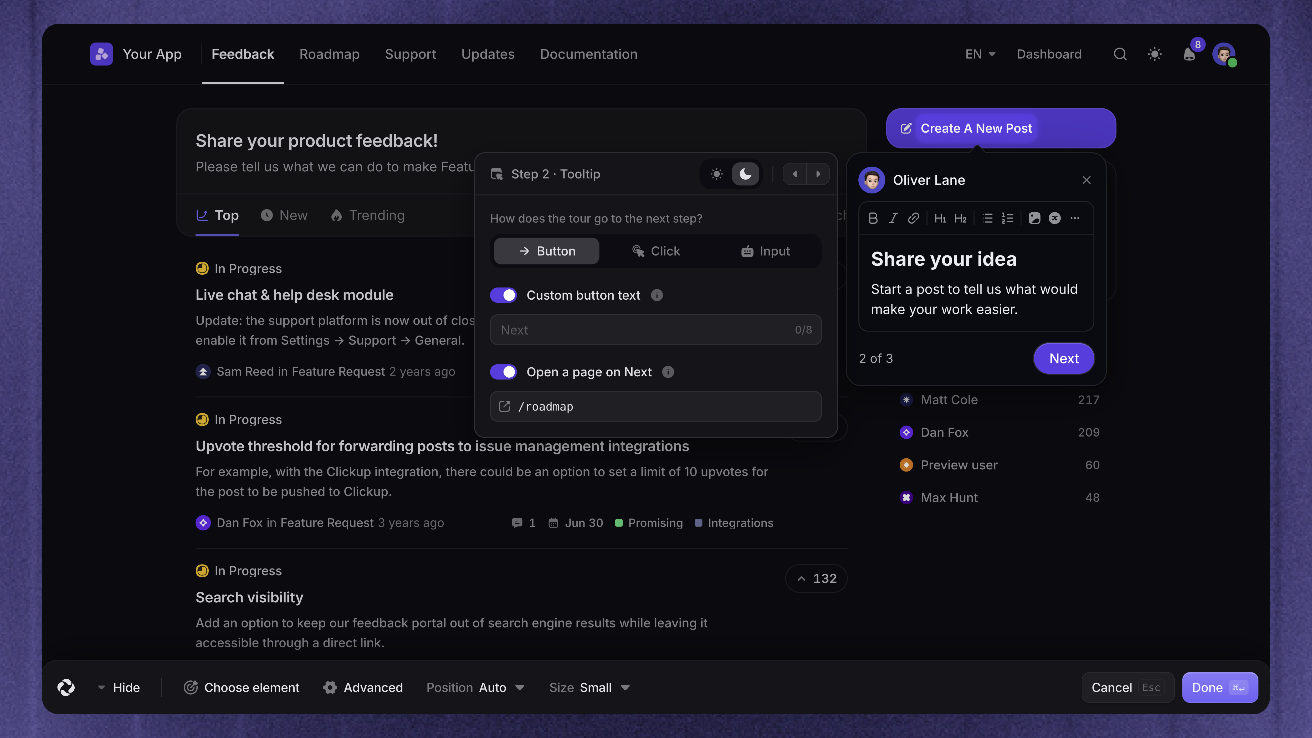 Review the next-page destination in a Product Tour step