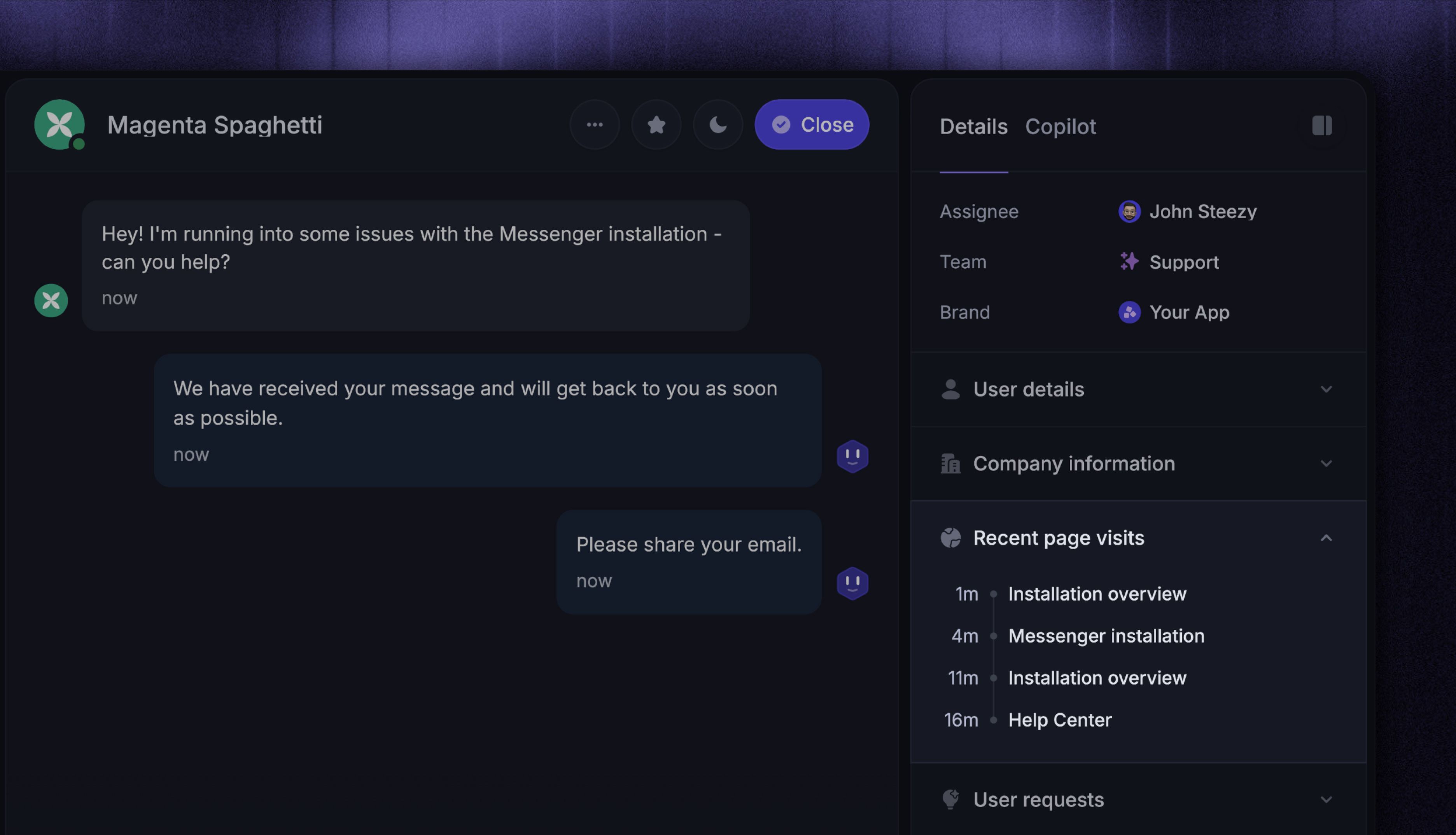 Recent page views in the support inbox.